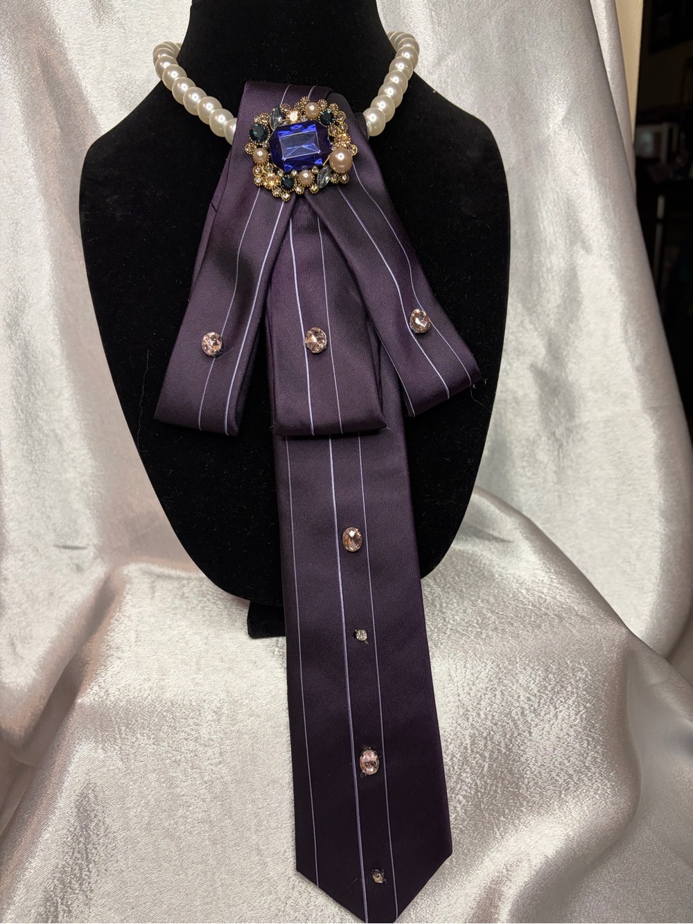 Women’s Tie Calvin Klein Purple Pinstripe with Gem Brooch